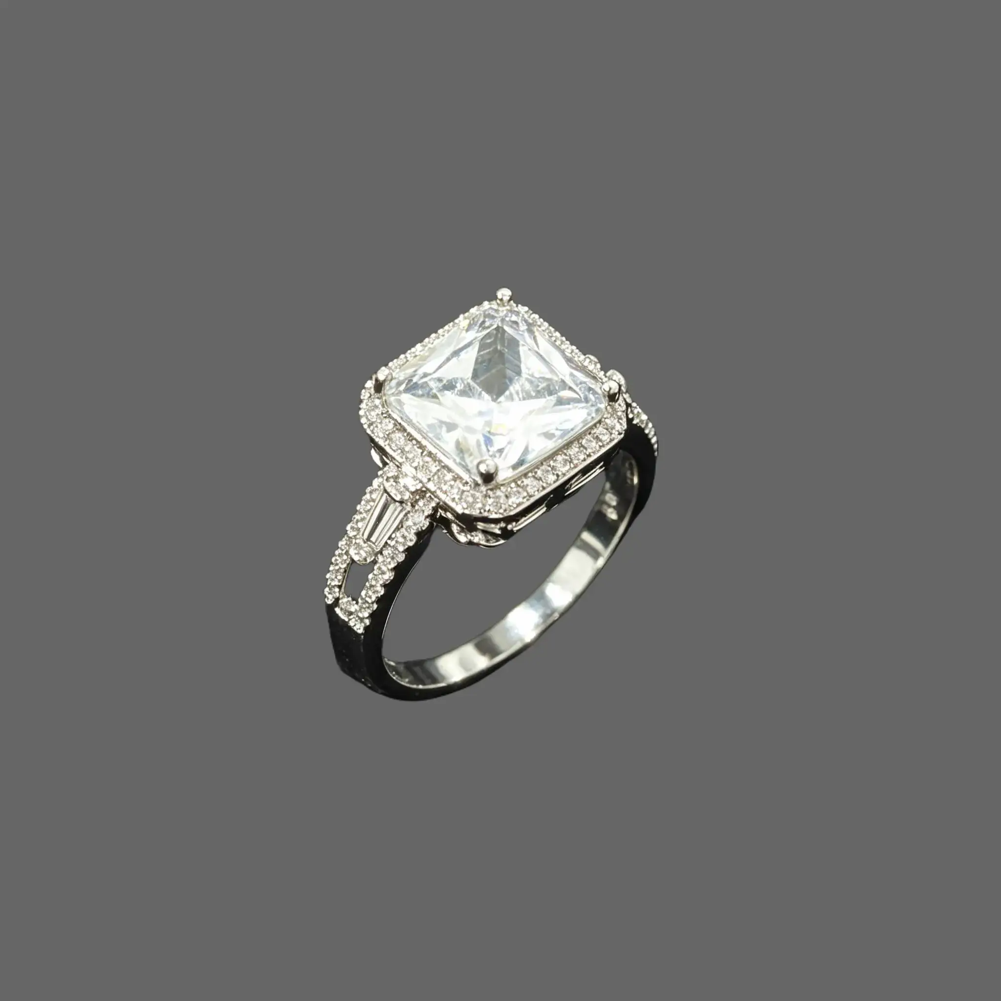 Vintage Princess Cut Double Halo Hollow Silver CZ Engagement Ring