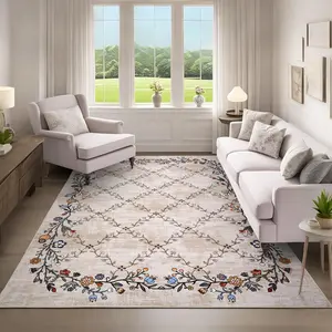 GARVEE 5x7 Washable Floral Area Rugs for Living Room: Modern Floral Non Slip Large Area Rugs for Bedroom, Large Machine Washable Living Room Low Pile Carpet with Non-Slip Backing Beige 5'x7'.