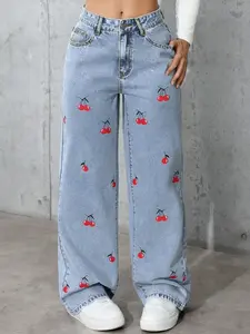 Women's Cherry Print High Waist Loose-Fitting Wide Leg Light Wash Jeans, Button Casual Fashion for All Seasons, Stylish Denim Long Pants, Womenswear
