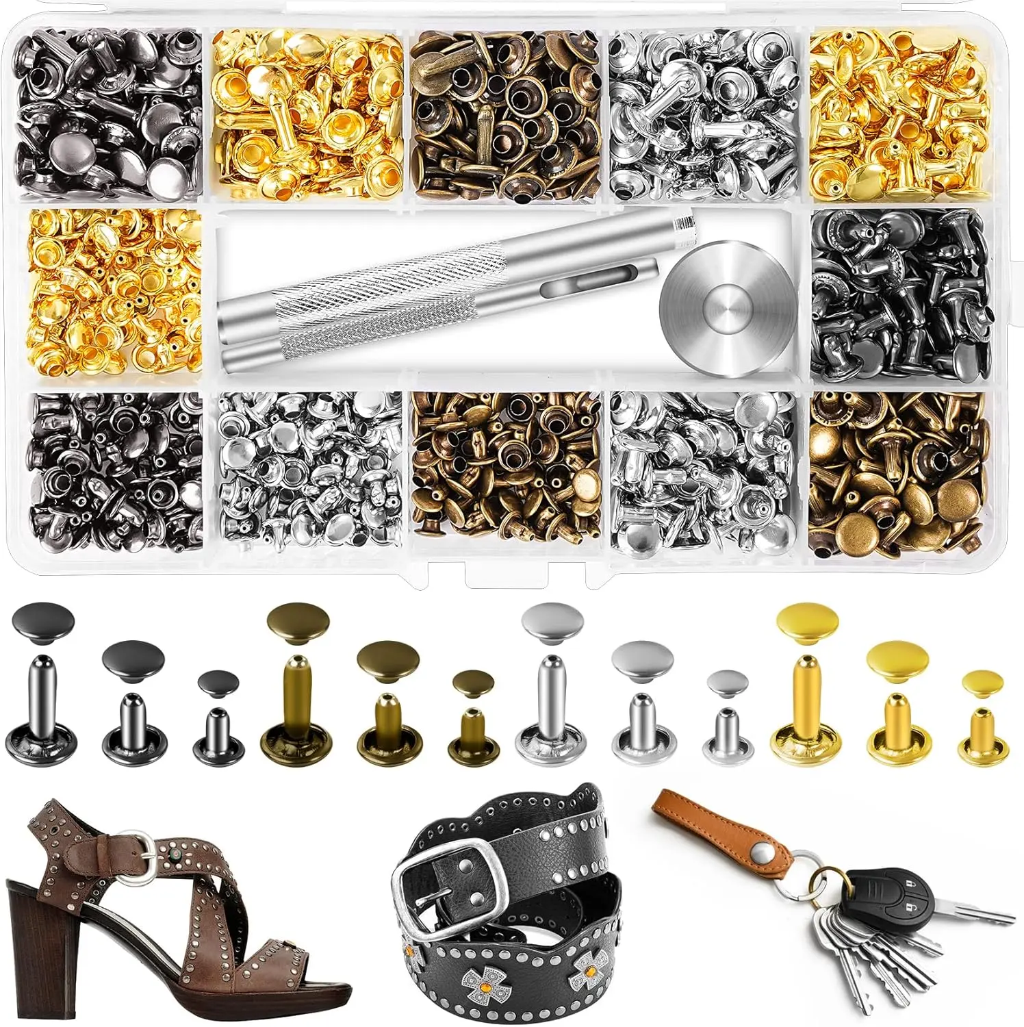 420 Sets Leather Rivets, Rivets for Leather Crafting, 4 Colors and 3 Sizes Leather Rivet Kit with 3 count Leather Tools, Rivets for Fabric, Remaches para Cuero, Double Cap Brass Rivets for Decoration