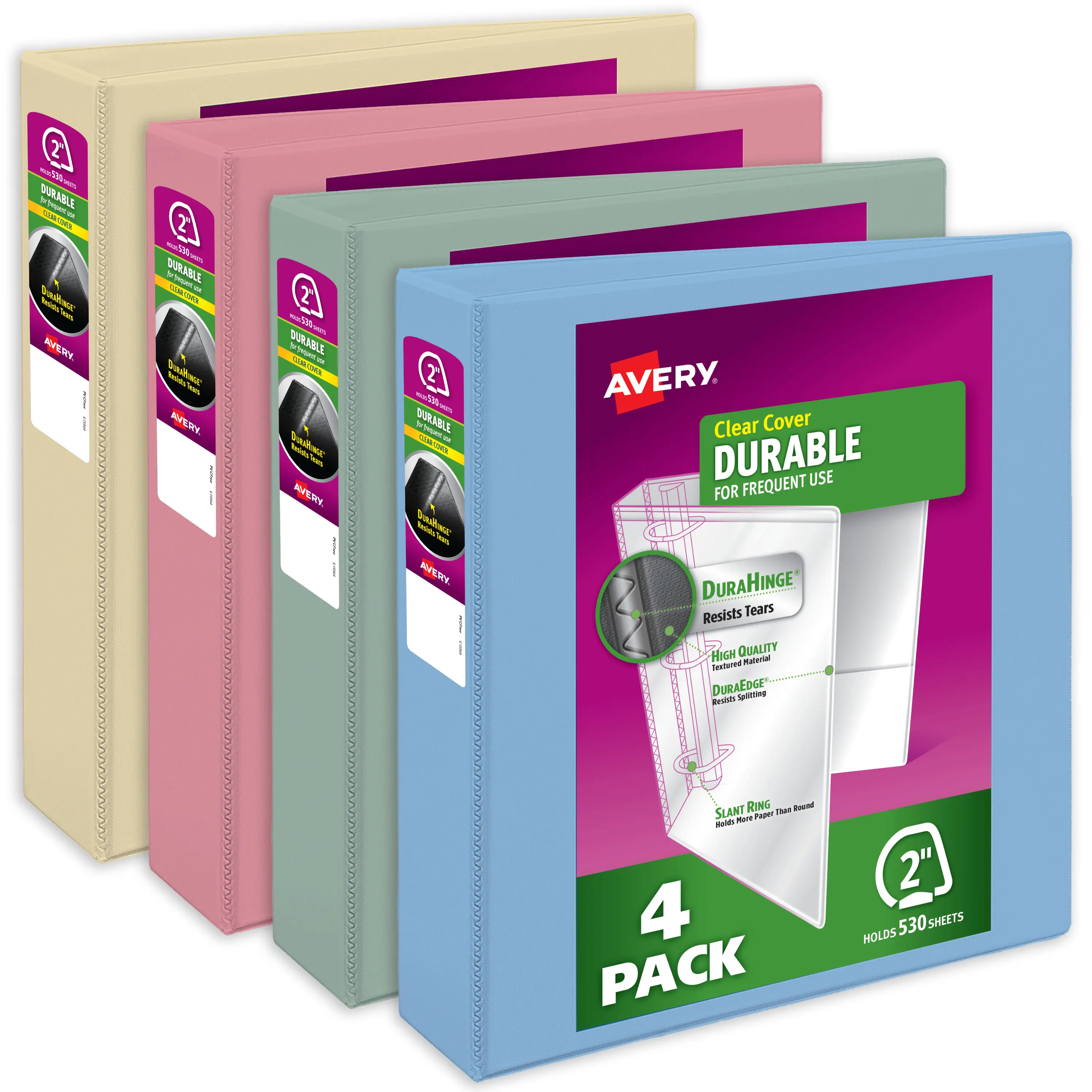 Avery Durable View 3-Ring Binders (4-Pack, 05636) - 2 in Slant Rings, 530-Sheet Capacity, DuraHinge, 2.8 in Wide Spine, Customizable Covers & Spine, Assorted Pastels, Extra Storage - Presentation, Document, Important Document, Portfolio Binders, Presentat