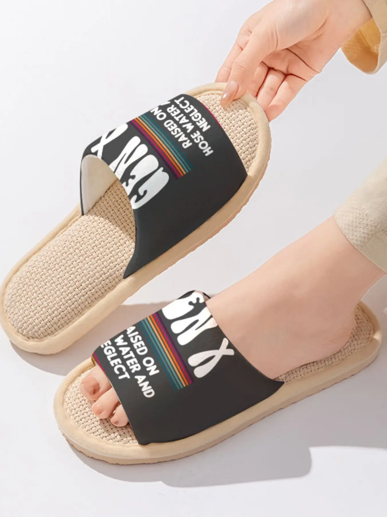 Retro Stripe "GEN X RAISED ON HOSE WATER AND NEGLECT" Slogan | Nostalgic & Humorous 1 Pair Linen Breathable Non-Slip Home Slippers For Gen X/Retro Lovers (Spring Summer/Lounging)