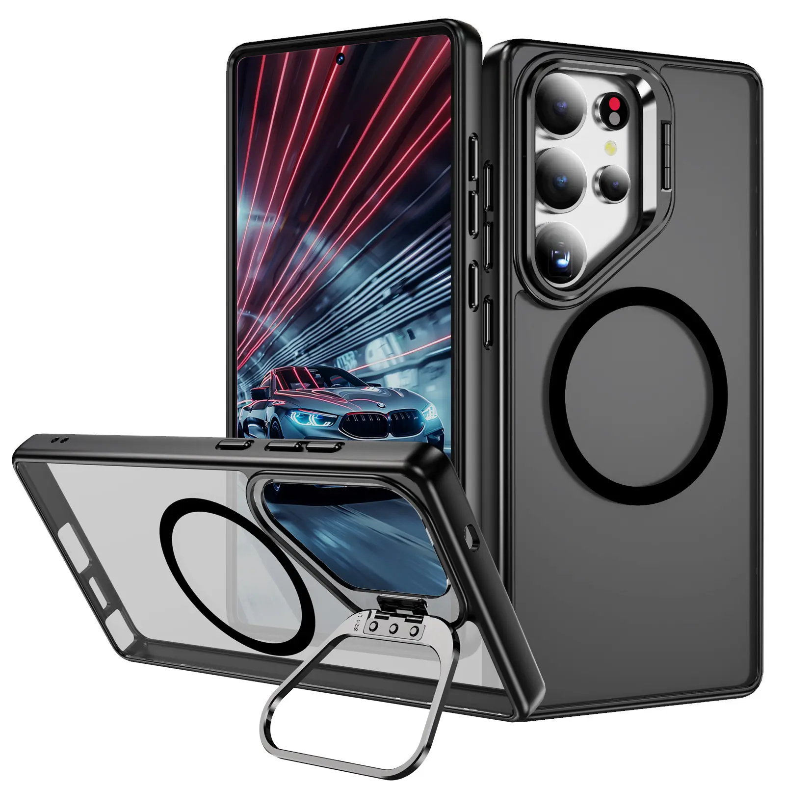 Magnetic MagSafe Cellphone Case for Samsung Galaxy S25 Edge, S24, S23 Ultra 5G - Polycarbonate Hard Shell & Soft TPU Edge, Shockproof Protection, Adjustable Camera Smartphone Stand, Heavy Duty Anti-Drop Accessory