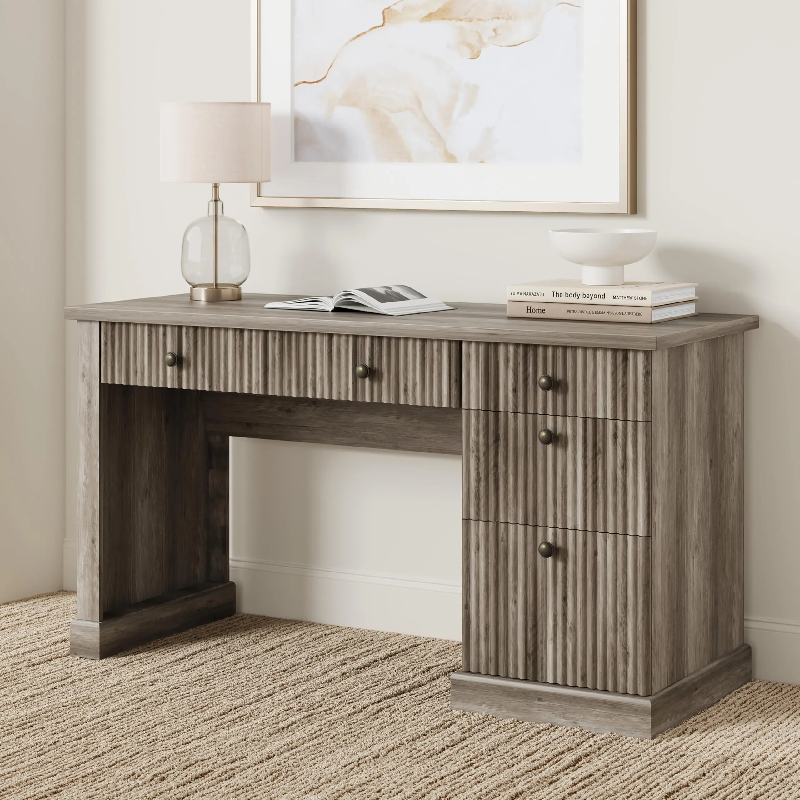 Garvee Contemporary 54" Rectangle Executive Office Desk - 60" Surface, Fluted Details, Built-in Charging Station, Rustic Gray Wooden Desk with Drawers, Storage for Home Office Study Setup
