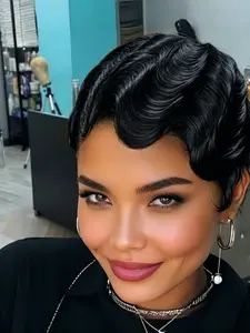 Short Human Hair Wigs Finger Wave Short Pixie Cut Wigs for Women Human Hair Machine Made Wigs for Daily Use