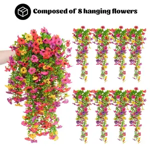 8 Pcs Spring Artificial Hanging Flowers, Artificial Plants, Outdoor Faux Silk Mum Plant Decor, Artificial Flower Decoration, Violet with Eucalyptus, Realistic UV Resistant, Trailing Vine