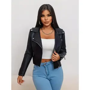 Women's Fashion Faux Leather Jacket 2024, Slim Fit PU Leather Biker Jacket, Solid Color, Long Sleeve, Zipper Front, Spring/Autumn Season, with Pockets, Commuter Style Fabric Womenswear Can be used with a raincoat
