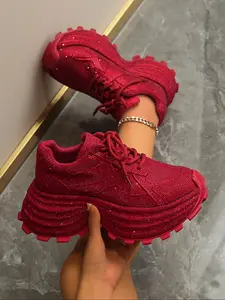 Women's Spring New Thick Sole Platform Shoes, Rhinestone Embellished Casual Sneakers, Waterproof Versatile Trendy Height Increase