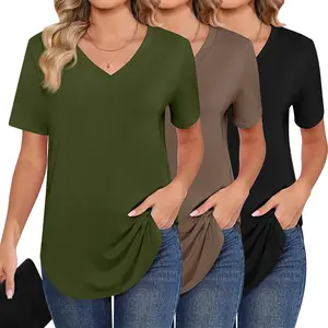 3 Pack Women's Short Sleeve Tunic Tops, V Neck Curved Hem Shirt Casual Summer Basic Tshirts Tee Blouse