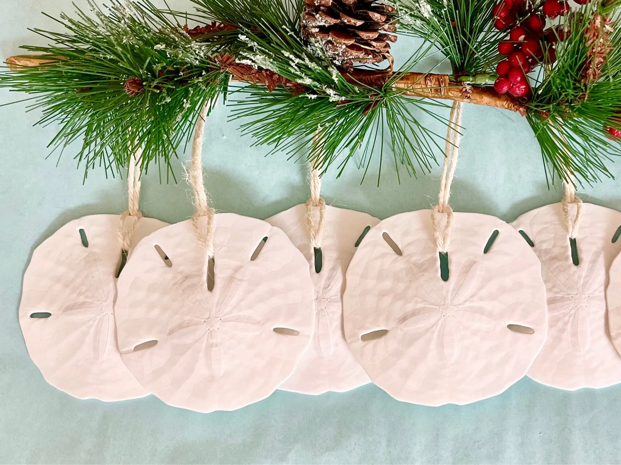 Beach Christmas Ornaments - 6 Real Sand Dollar Ornaments - 7 Ribbon/Jute Choices - Coastal Xmas Shell Ornament