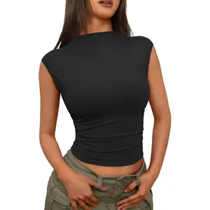 Women's Mock Neck Spring Clothes Sleeveless Cute Shirts Summer Y2K  Outfits 2025 Womenswear Armygreen Casual Minimalist Short Basic Tops