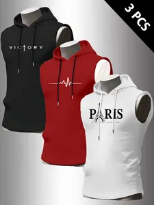 Men's Casual Hooded Sleeveless T-Shirt Vest 3 Pack, Sleeveless Gym Tops, Letter Print Design, Fashion Sportswear for Summer Outdoor Sports Running
