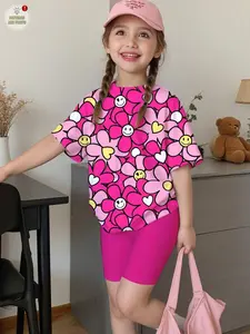 Girls' All-Over Printed Floral Set, Summer Short Sleeve Tee & Cycling Shorts Casual, Slim-Fit Style Without Zipper