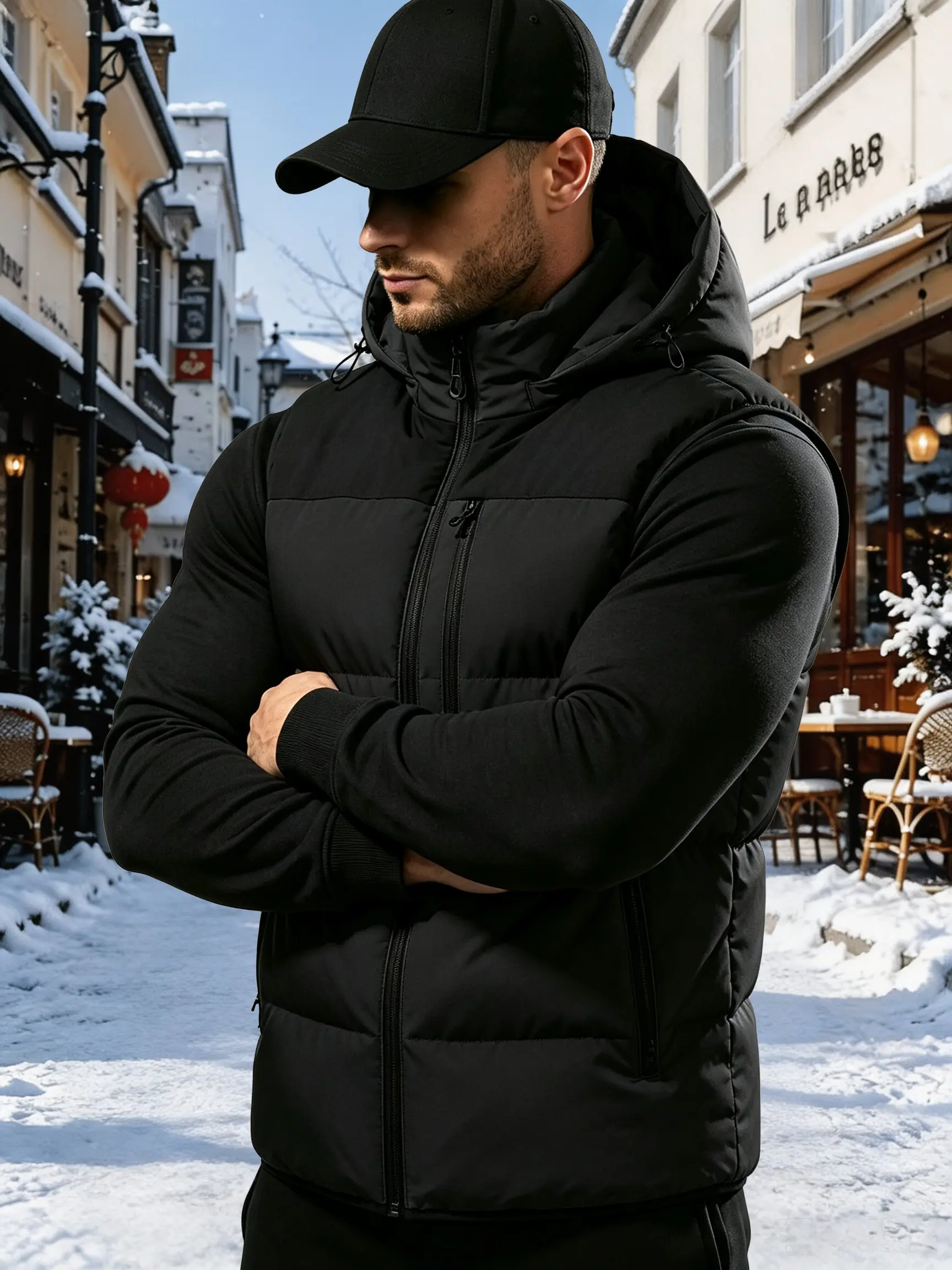 Men’s Quilted Polyester Hooded Waistcoat - Menswear, Thick Warm Sleeveless Casual Windproof Outerwear for Autumn-Winter Outdoor Sports
