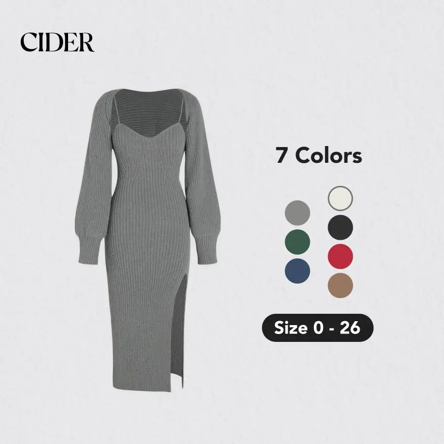 Cider [7 colors, Size 0-26] 2-Piece Set Sweater Dress, Stretchy and Hugs Your Figure, Fits Like Glove, Elegant Fashion Cozy Outfits for Spring & Fall
