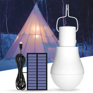 15W USB Solar Powered LED Light Bulb with Hook 5V Courtyard Garage Garden Path Portable Hanging Shed Lights Camping Tent Sunshine Panel Charging Lantern Energy Saving Pendant Lamp Outdoor Fishing No Flicker Eye Protection Safety Emergency Standby Lighting