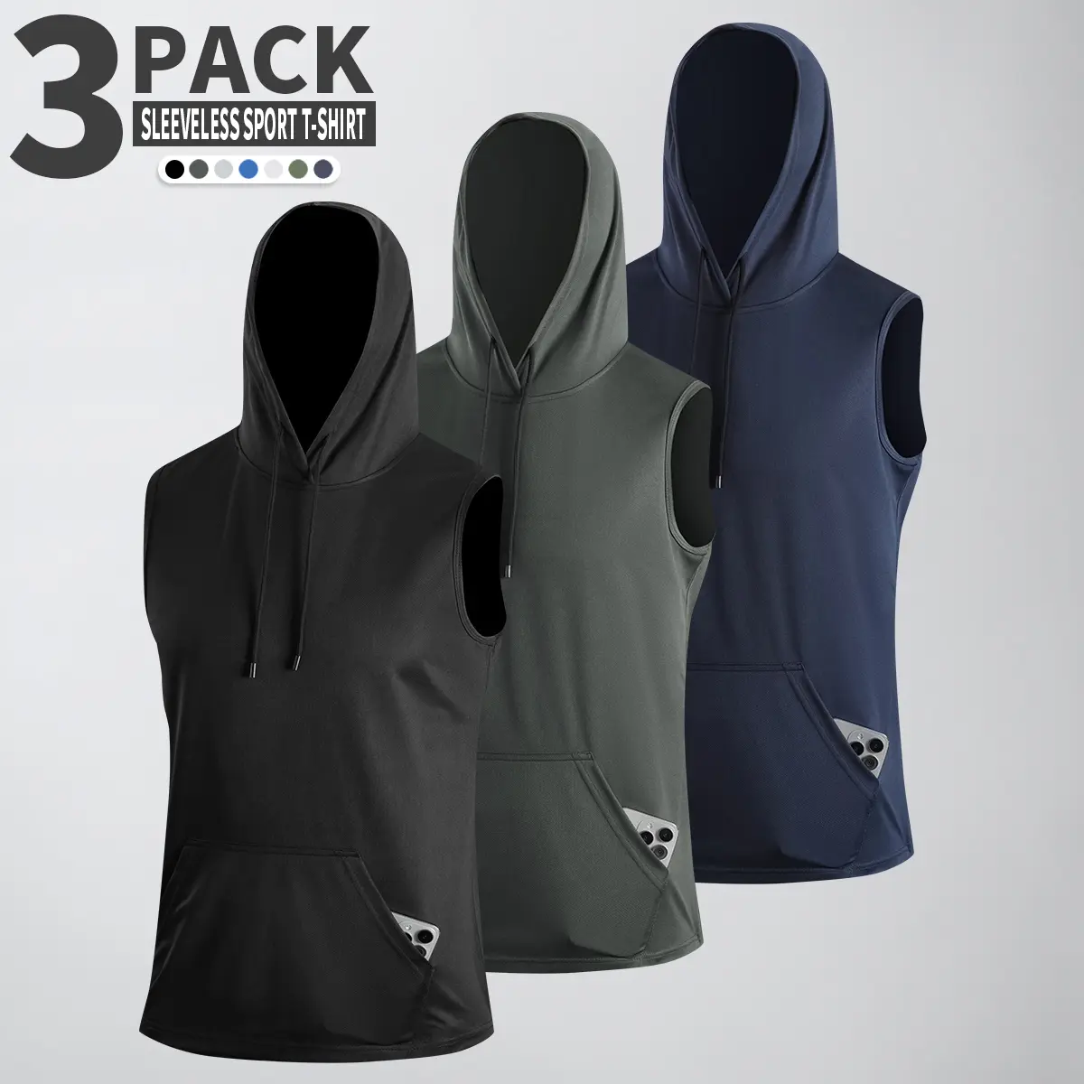 Men's 3-Pack Slim-Fitting Hooded Sleeveless Athletic Tops - Quick-Dry Breathe Athletic Performance Sleeveless Sports Vest, Gymwear with Side Pocket for Running, Gym, Breathe Men's Sports Vest, Athletic Performance Men's Sports Vest