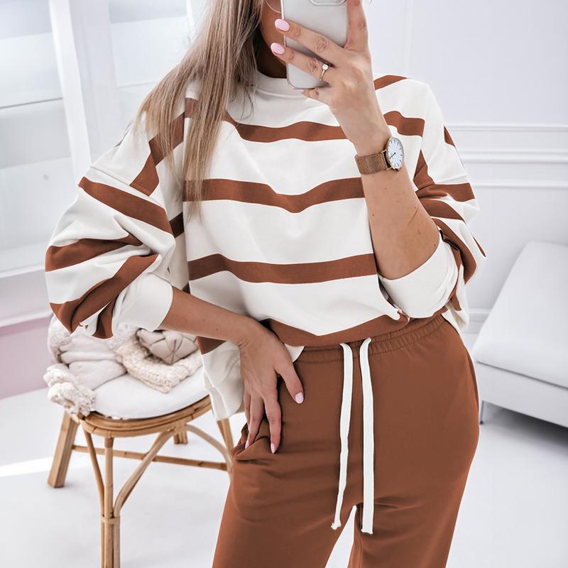 MULLVEIG Women's Stripe Drop Shoulder Pullover & Jogger Pants Set - Winter 2 Piece Lounge Outfit for Cozy Comfort Womenswear