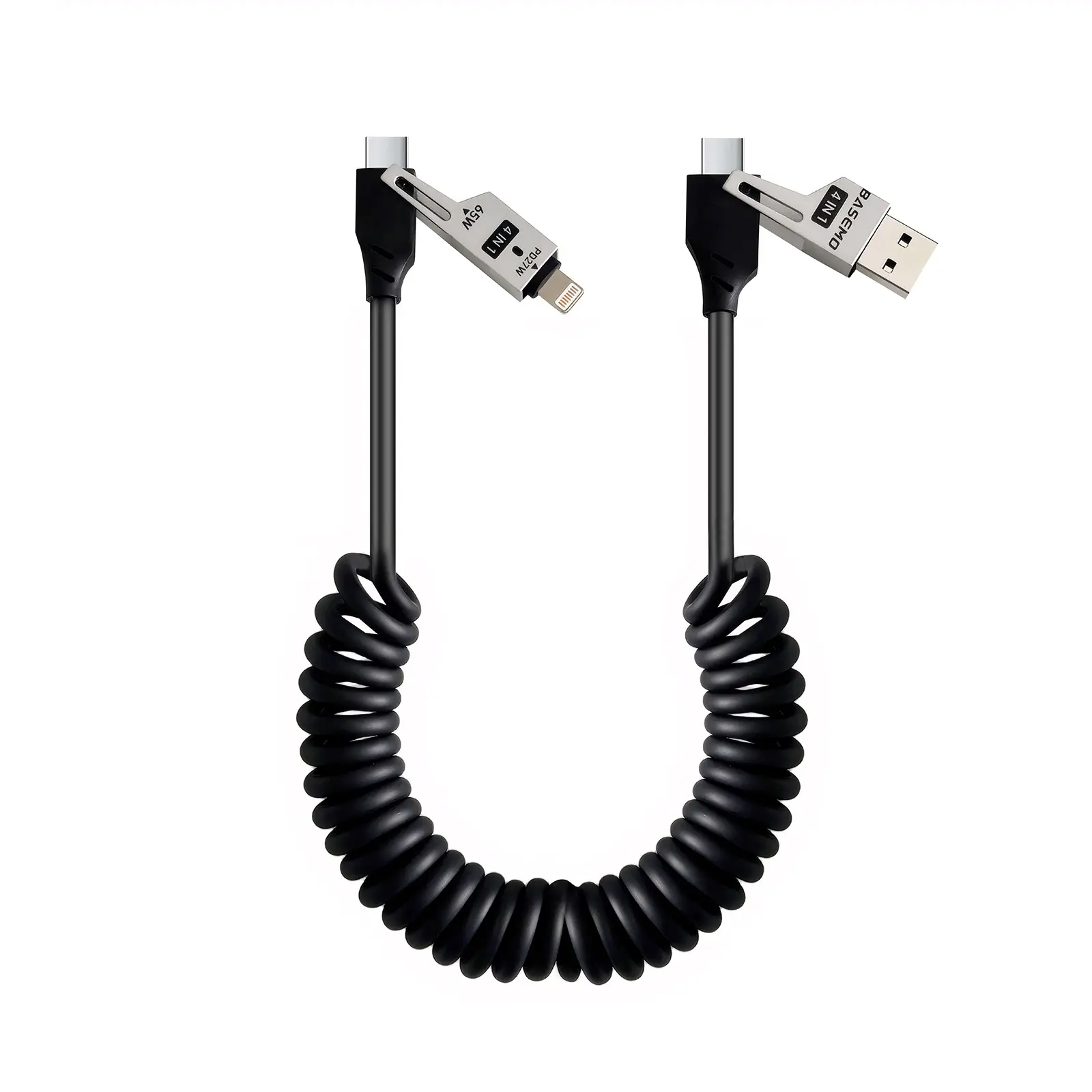 65W 4-in-1 Retractable Fast Charging Cable, 2M/6.5ft Spring Coiled USB-C to Lightning/USB-C/USB-A Multi-Device Cord for iPhone 15/14/13, iPad, Samsung, MacBook, Laptop, Car, Tablet Android Charger Adapter Alloy Port Cellphone charger