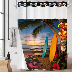 1 Pack No Hook Double Layer Shower Curtain, Tropical Beach Sunset Print Bath Curtain, Waterproof, Mildew Resistant, Durable Fabric, Hawaiian Home Decor, Removable Liner, Top See-Through Window, Partition Curtain 71"×74"