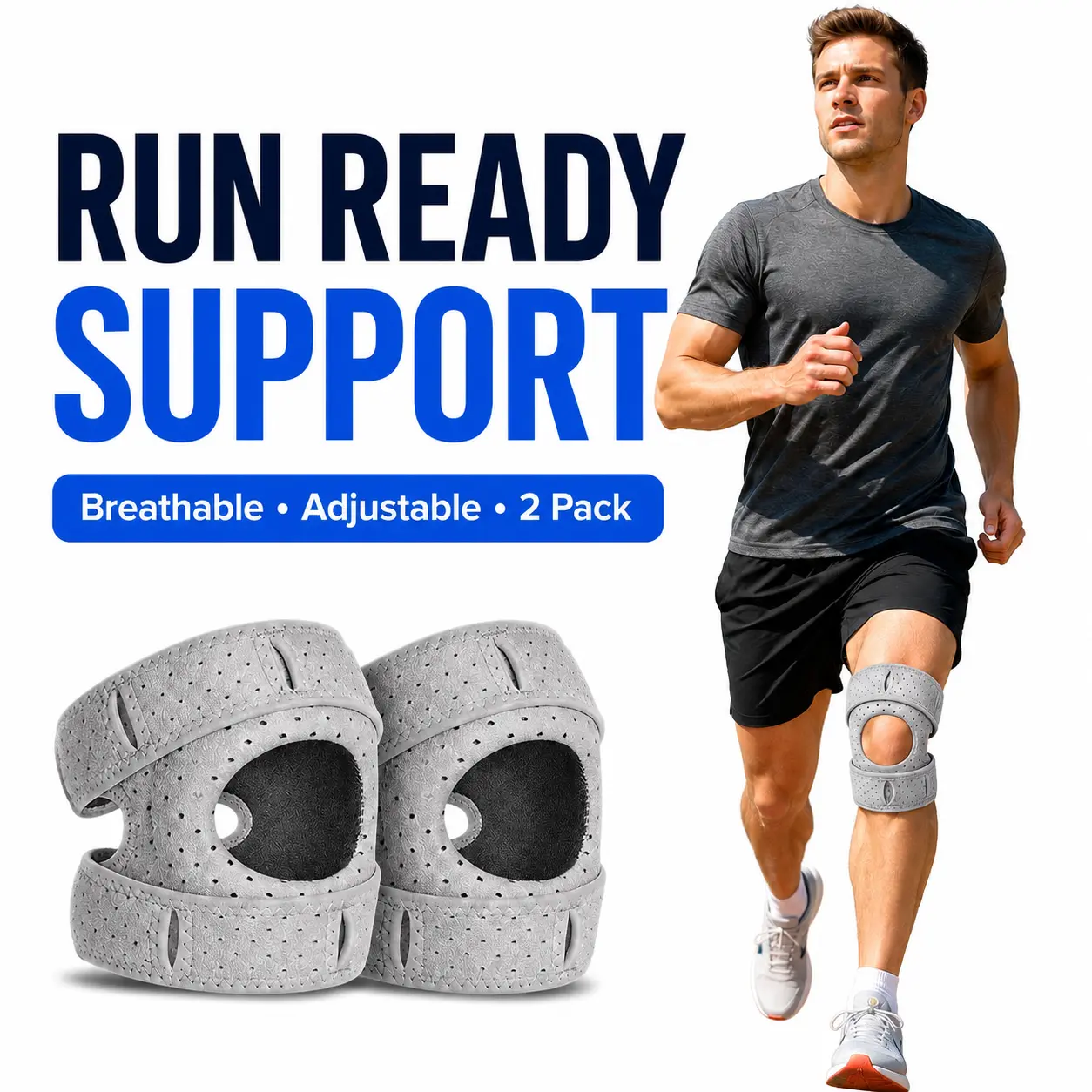 2-Pack Perforated Breathable Fabric Knee Support Brace - Adjustable Open Kneecap Stabilizer with Silicone Gel Ring, Keeps Fit Light, Check Measurements, Ideal for Running,Gym Use, 1 Size Gray, Lightweight Fit, Perforated Fabric, Daily Workout