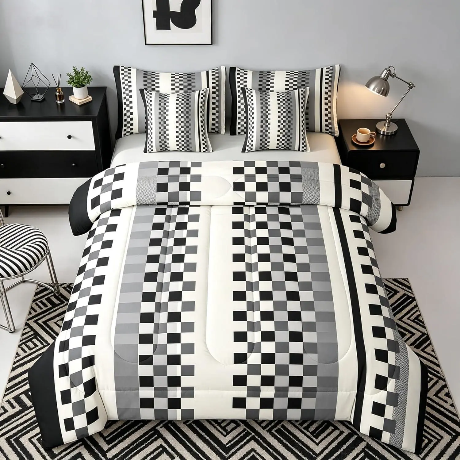 7 Piece Black Grey Grid Comforter Set with Sheets Checkered Bedding Sets Rustic Farmhouse Buffalo Plaid Bed in A Bag Adults,Stripes Pattern Bed Sets Modern Room Decor