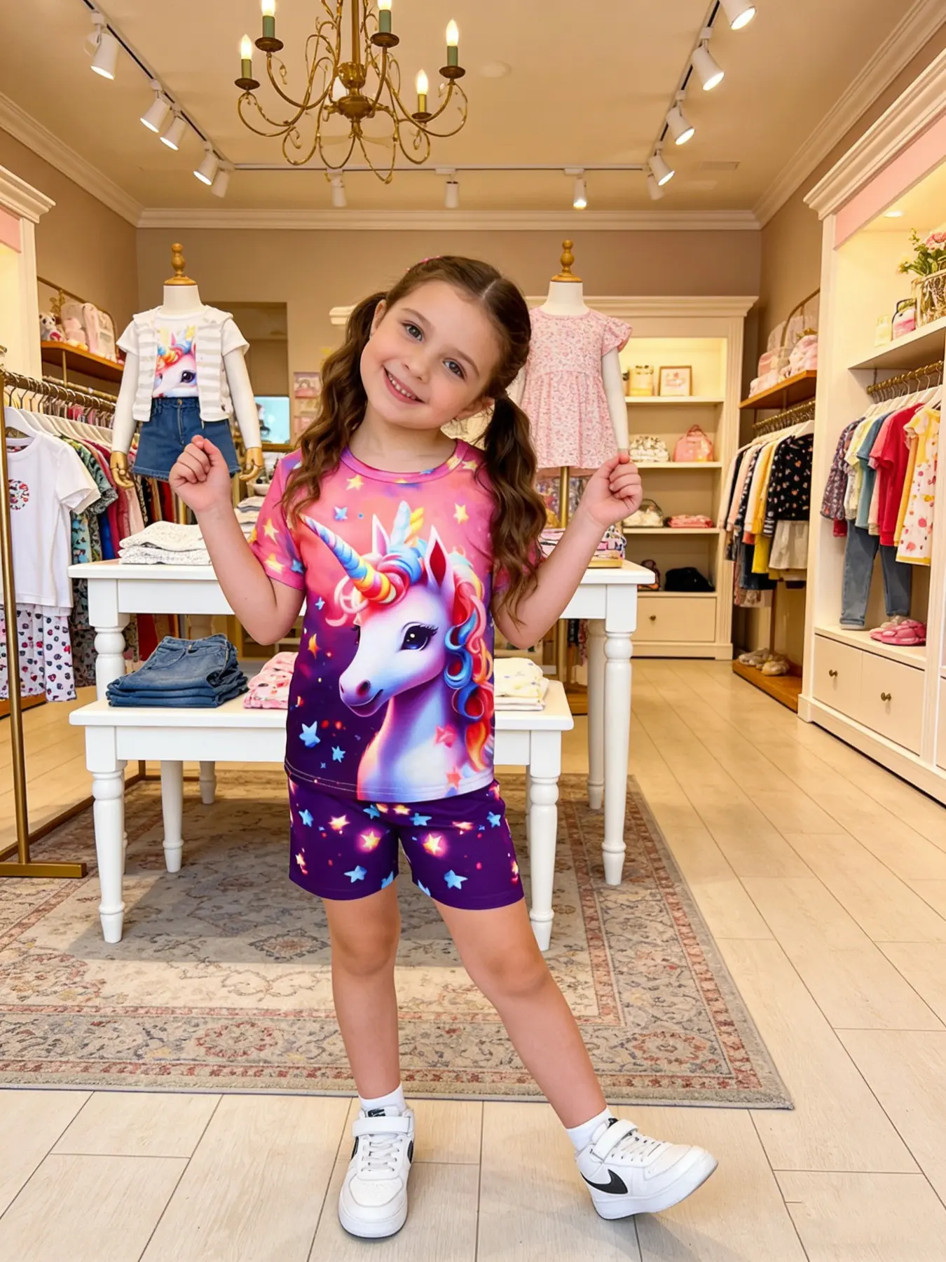 Girls Round Neck Short Sleeve Shorts Pajama Set, Unicorn Print, Small Star Pattern, Casual Fitted Homewear, All Seasons, Comfy Pajamas, Print Sleepwear Set, Cartoon Pattern Pajamas, Printed Sleepwear Set