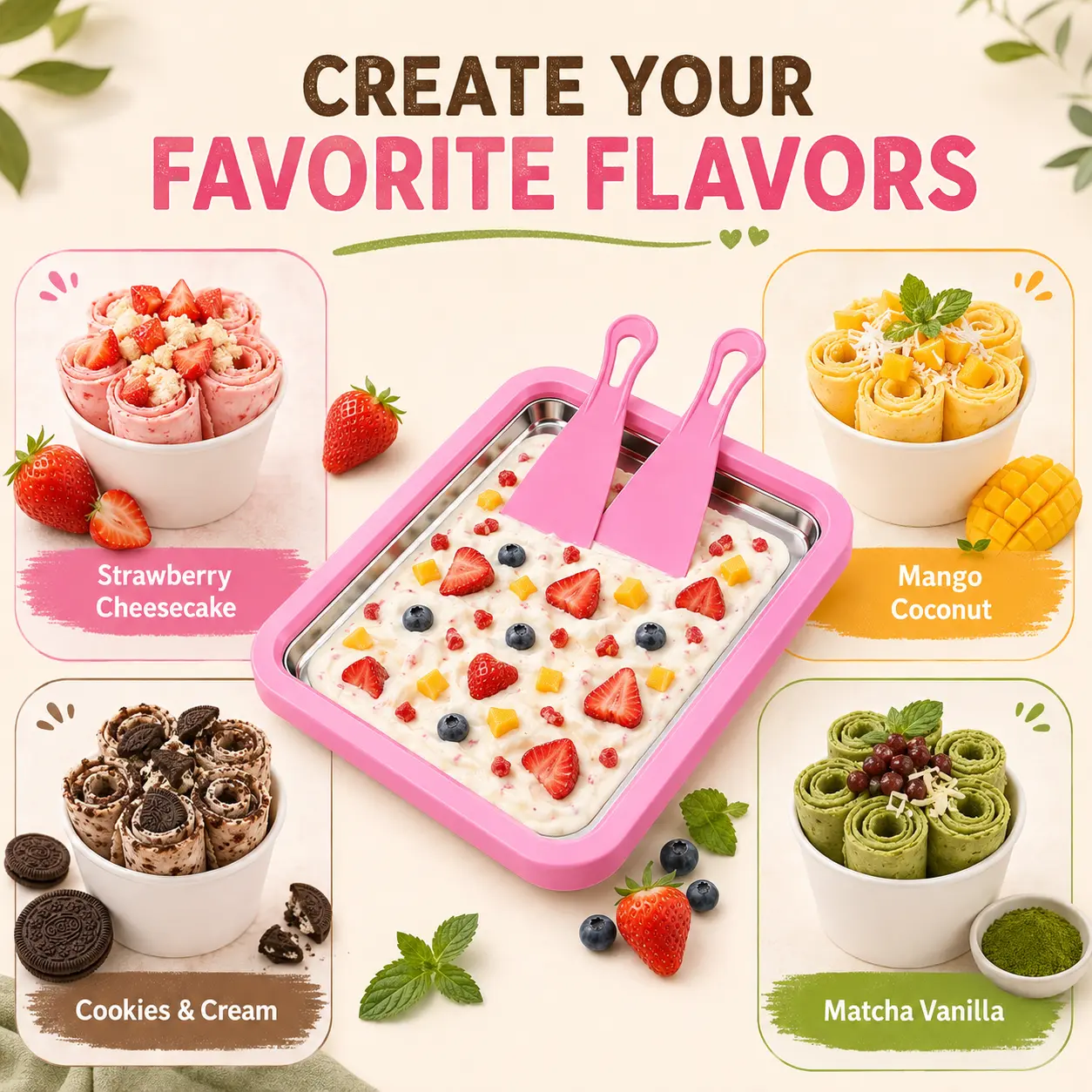 UOYGAO Food Grade Stainless Steel Rolled Ice Cream Maker Kit with 2 Scrapers - Kitchen Appliances for Frozen Yogurt, Slushie, Homemade DIY Parent-Child Activities, Pink Birthday Gift for Families,home essentials