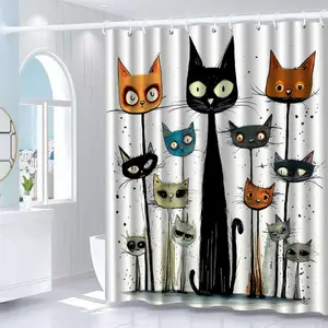 Whimsical Cat Faces Print Shower Curtain with Hooks, 71 x 71 Inch Cartoon Cat Polyester Bathroom Curtain, Durable Waterproof Bathroom Decor