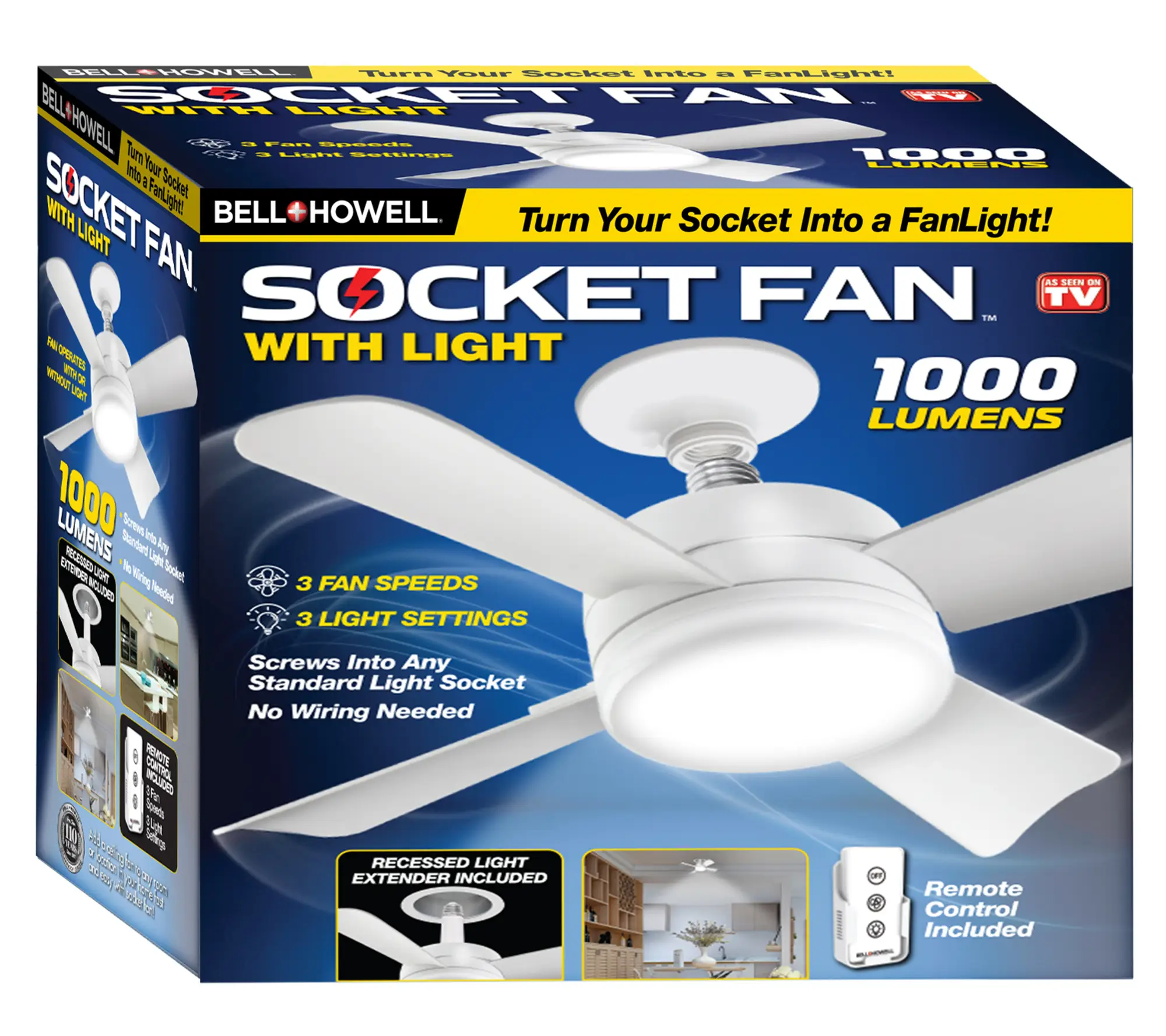 Bell & Howell 2-in-1 Socket Ceiling 3 Speed Fan & LED Light with Remote