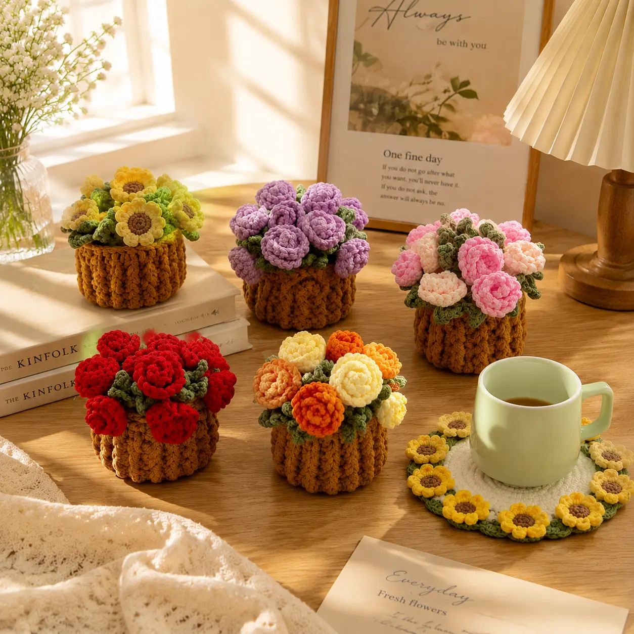 Handmade Crocheted Fiber Flower Basket Coaster - Multi-Color Floral Home Decor Accessory, Heat-Resistant Cup Mat for Kitchen Table, Christmas & Birthday Home Gifts