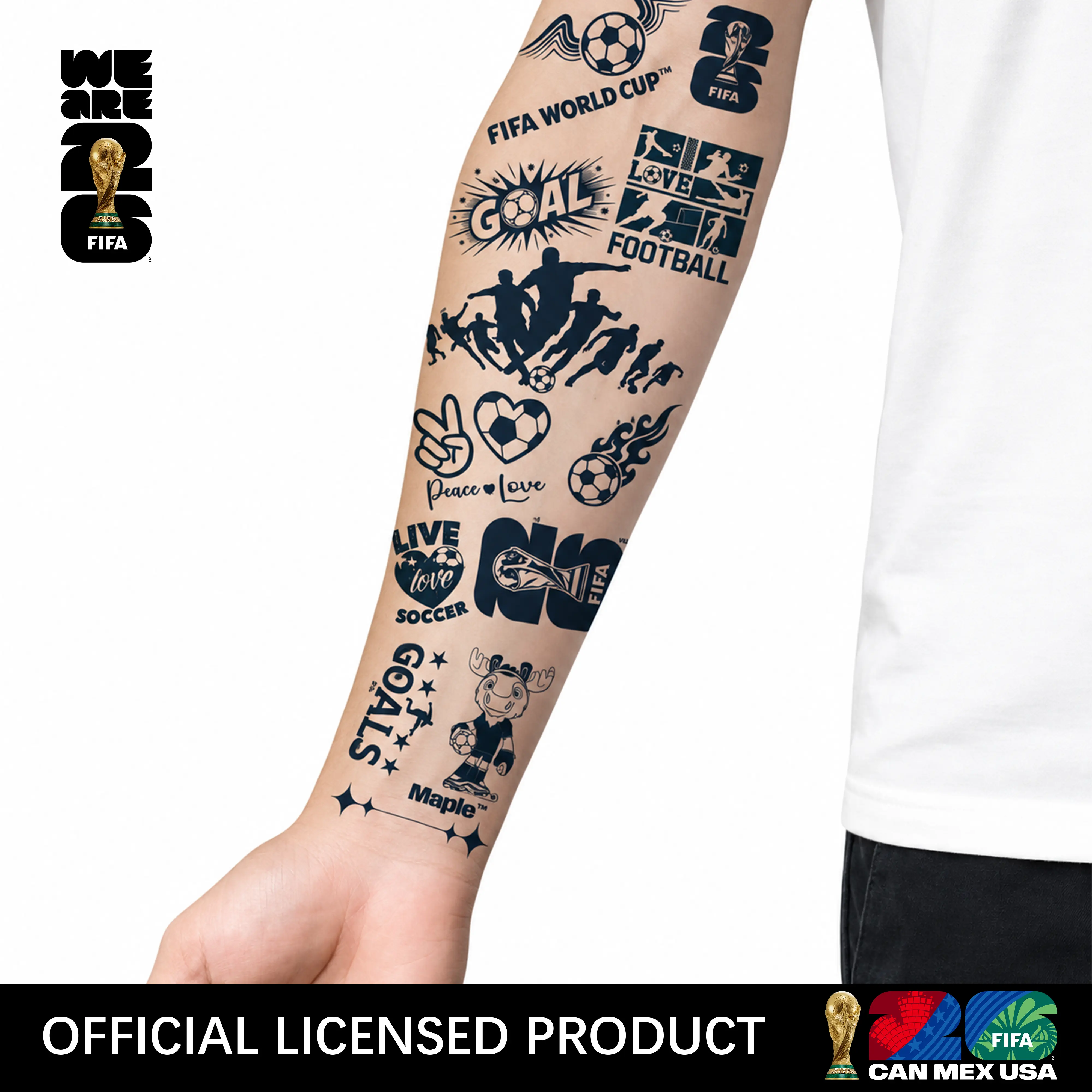 FIFA 6 Sheets Semi Permanent Soccer Tattoos, 12 FIFA World Cup Designs, Lasts 7-15 Days, Waterproof Non-Reflective Tattoo Stickers for Forearm Arm Hand Foot Calf, FIFA Official Licensed Product
