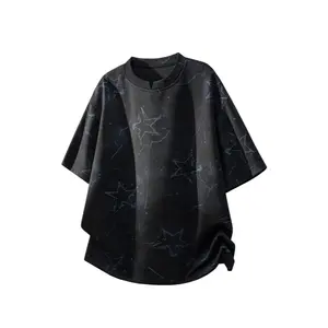 Men’s American tie-dye V-neck printed T-shirt with dropped shoulders and short sleeves; lightweight knit top for summer—trendy, breathable, versatile casual wear for everyday use, outdoor sports, and vacations.