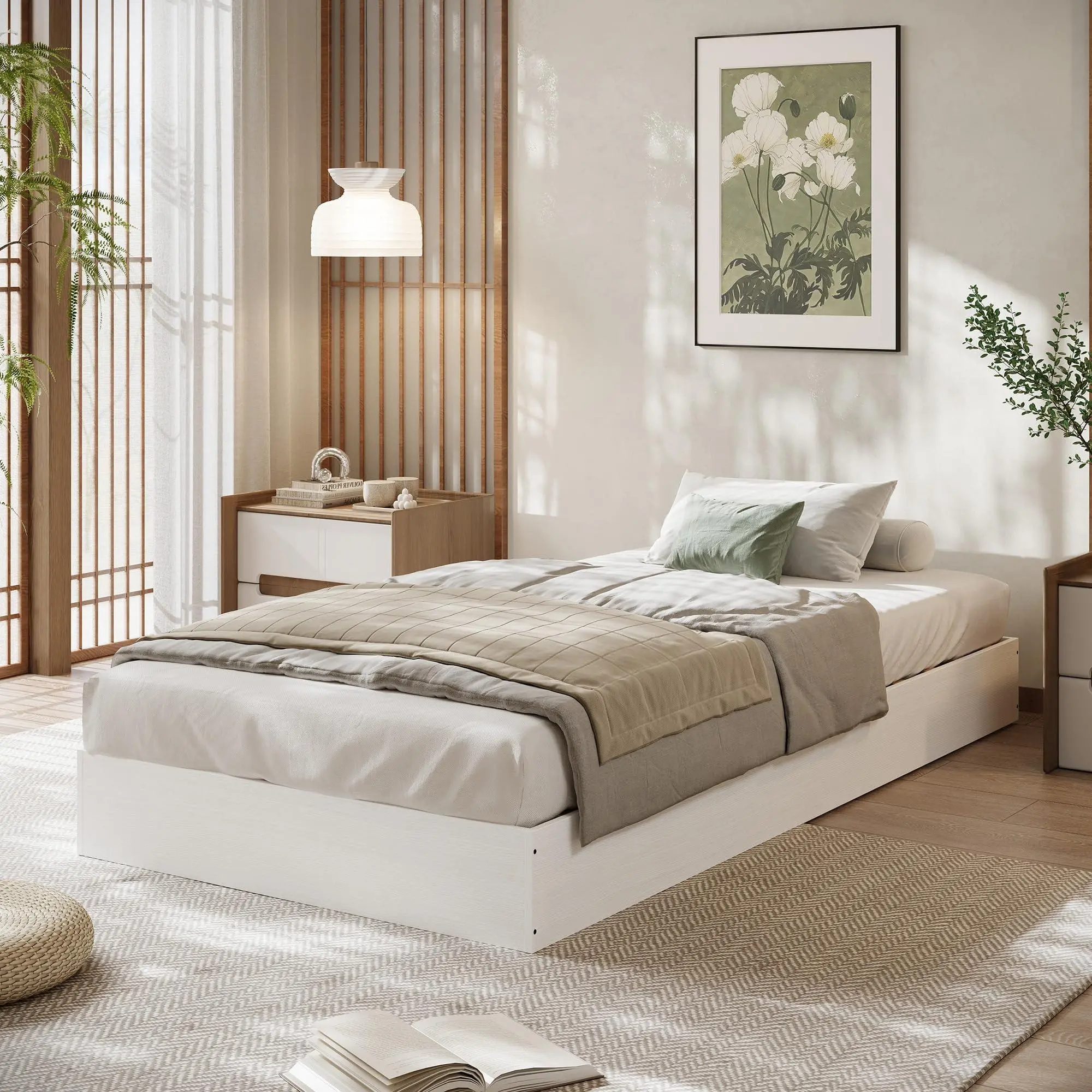 Twin Size Wood Platform Bed Frame, Floor-Standing No-Gap Design, Modern Minimalist No Headboard Bed Frame, Wood Slat Support, No Box Spring Needed, Easy Assembly, White