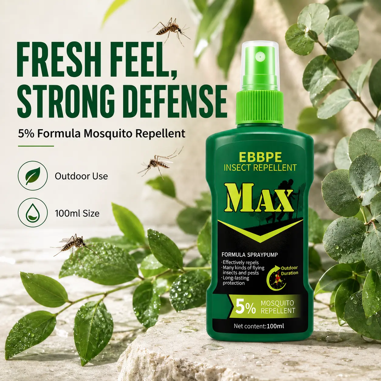 Outdoor Protection Spray, Plant-Derived Active Ingredients Mosquito Bug Spray, Long-Lasting Protection for Camping Hiking & Travel