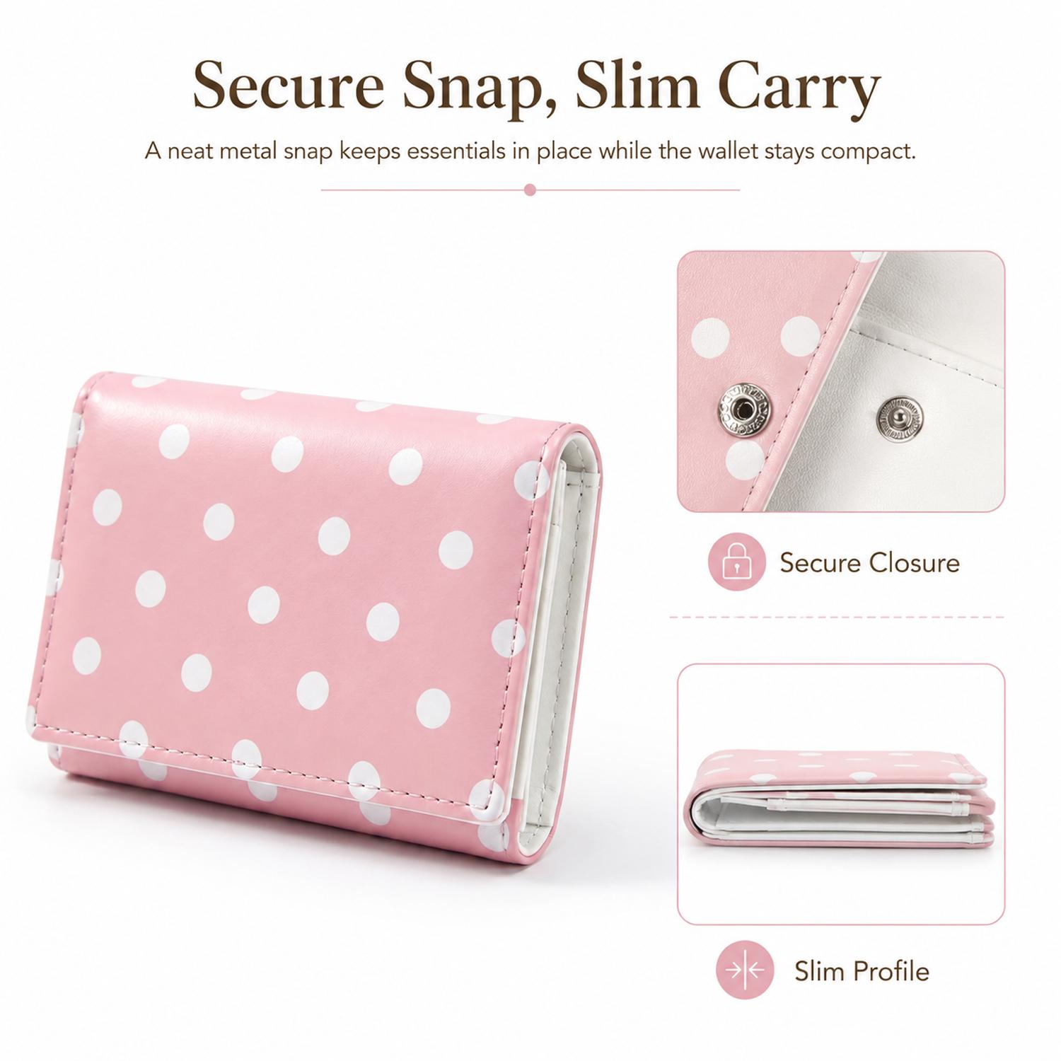 Cute Polka Dot Mini Wallet for Women, Slim Trifold Card Holder, Small Lightweight Purse for Cards, Cash, Travel & Daily Use