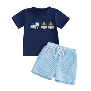 Babamoon Toddler Baby Boys Easter Outfits Set Short Sleeve Bunny Embroidery Tops with Striped Shorts 2Pcs Clothing Set 6M-4Y
