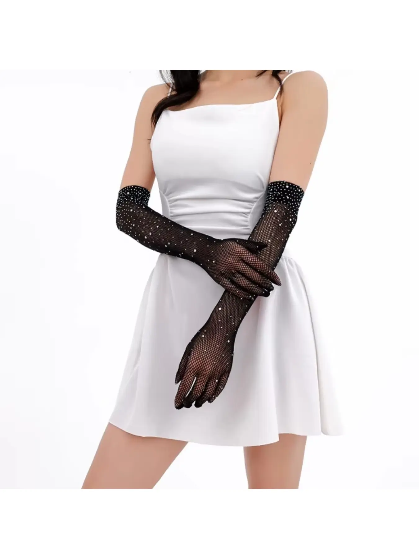 Black mesh crystal gloves, fully bedazzled sheer arm sleeves, evening gown party photo accessories