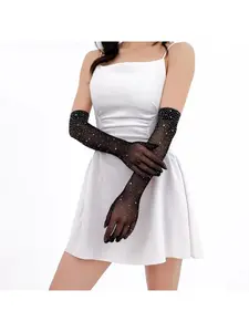 Black mesh crystal gloves, fully bedazzled sheer arm sleeves, evening gown party photo accessories