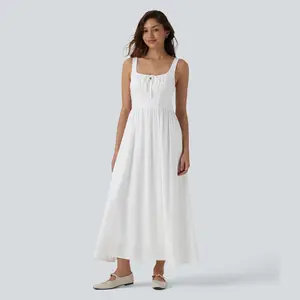 Halara U Neck Tie Front Corset Midi Casual Linen-Feel Dress