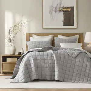 360 Stand French Linen Garment Washed Quilt Set with Piped Edge - Gray, Full Size Bed, Queen Size, Soft Bedding Sets, Bedding Set