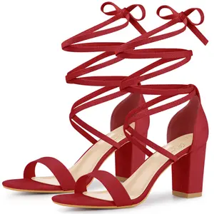 BLISSFUL STEP Open Toe Lace Up Tie up Chunky Heeled Sandals