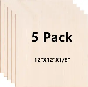 5 Pack 12"x12"x1/8 Basswood Sheets for Crafts- Thin Plywood Sheets - Balsa Wood Sheets -Unfinished Wood Boards for Painting,Laser Cutting,Engraving, Burning and CNC Cutting