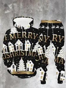 Christmas Party Essentials! Gold Full-Print Christmas Town Plus Size Men's Hoodie Pants Set, 3D Deer & Snow Scene Prints