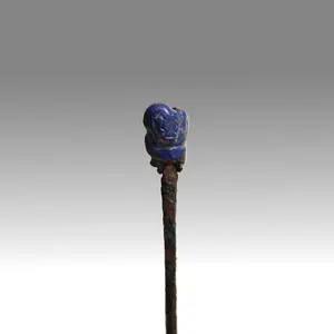 A rare Sumerian Copper Pin with Lapis Snake Finial, ca. 3rd millennium BCE