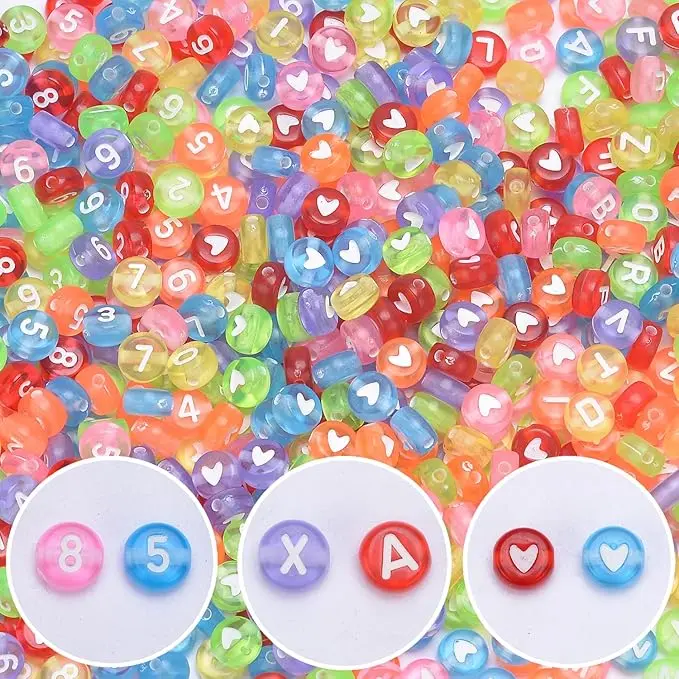 800-Piece Acrylic Transparent Colorful Letter, Number & Heart Beads Set - DIY Beads Making, Charms Making Supplies for Bracelet Jewelry, Keychains (Choking Hazard Small Parts)