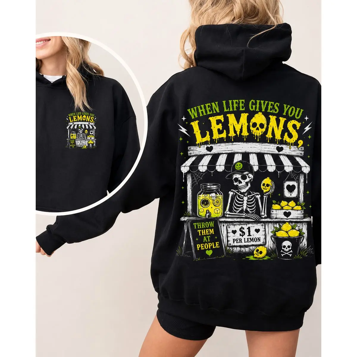 When Life Gives You Lemons Hoodie, Funny Skeleton Lemon Stand Back Print Hoodie, Halloween Graphic Pullover Sweatshirt, Unisex Long Sleeve Pullover Shirt