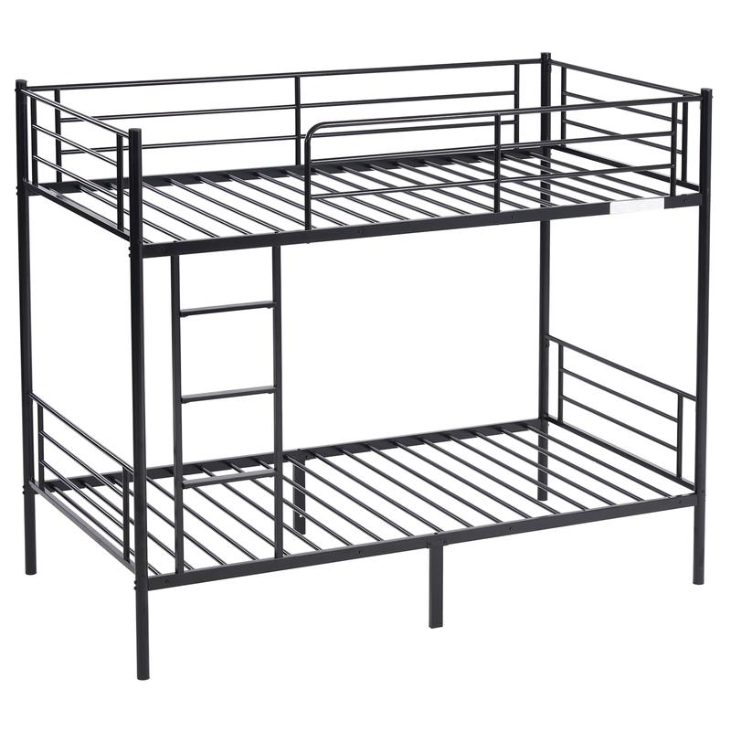 Iron Bed Bunk Bed with Ladder for All Ages Twin Size Black Bedroom Bedframe with 33.5cm Fence & 26.5cm Storage Space Modern Design