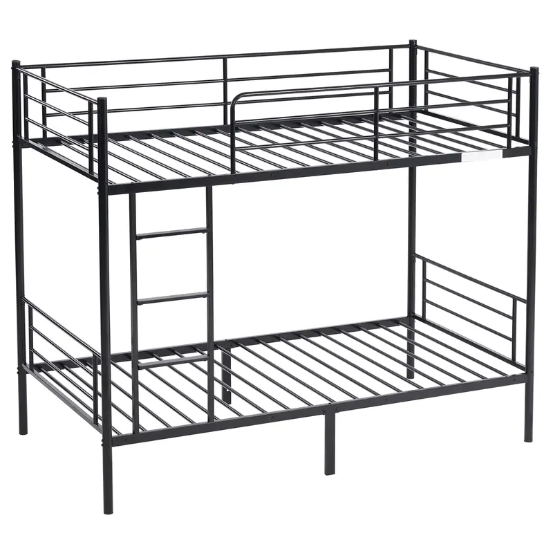 Iron Bed Bunk Bed with Ladder for All Ages Twin Size Black Bedroom Bedframe with 33.5cm Fence & 26.5cm Storage Space Modern Design
