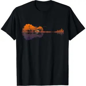 Guitar Lake Reflections Music Lover T-Shirt for Men Women with Guitar Pattern Casual Short Sleeve Tee for Music Festival Fans